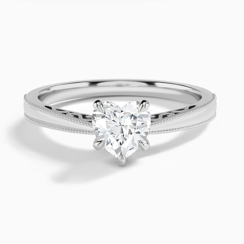 Heart Engraved Lab Grown Solitaire Diamond Engagement Ring In 18K White Gold - Lucenjuri