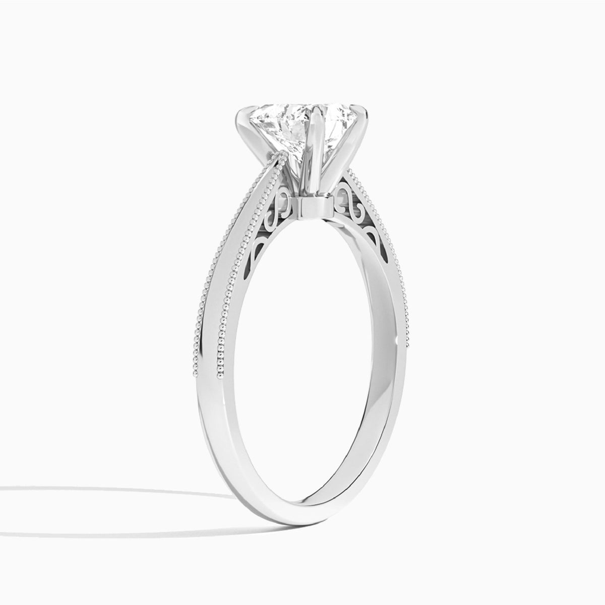 Heart Engraved Lab Grown Solitaire Diamond Engagement Ring In 14K White Gold, Angle View