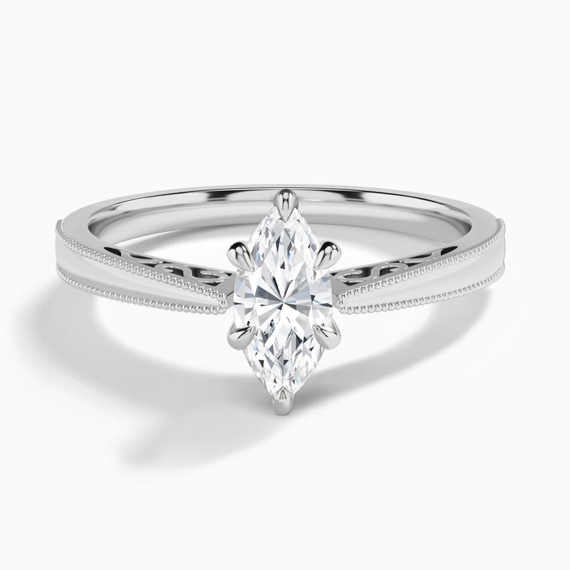 Marquise Engraved Lab Grown Solitaire Diamond Engagement Ring In 18K White Gold - Lucenjuri