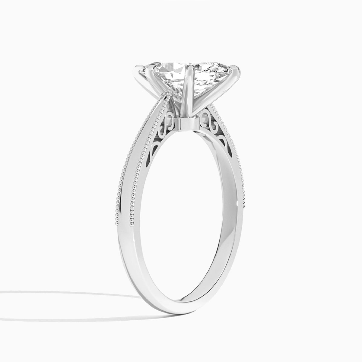 Marquise Engraved Lab Grown Solitaire Diamond Engagement Ring In 14K White Gold, Angle View