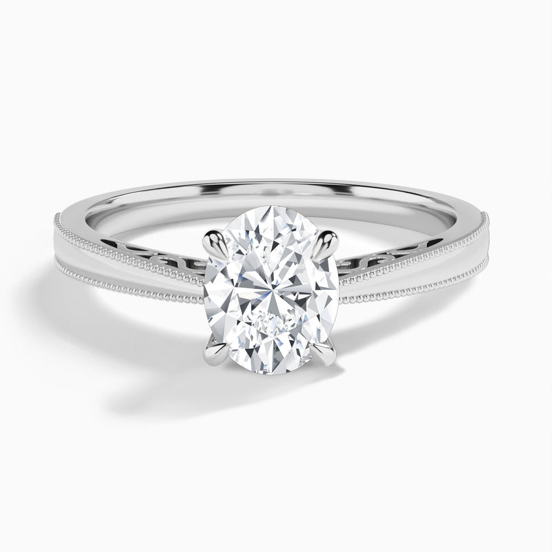 Oval Engraved Lab Grown Solitaire Diamond Engagement Ring In 18K White Gold - Lucenjuri
