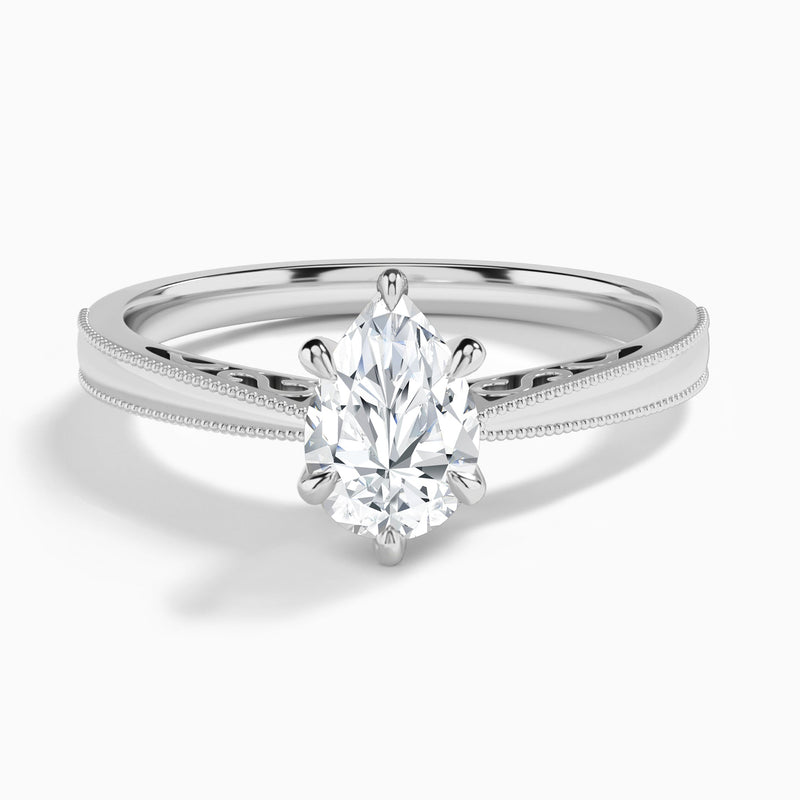 Pear Engraved Lab Grown Solitaire Diamond Engagement Ring In 18K White Gold - Lucenjuri