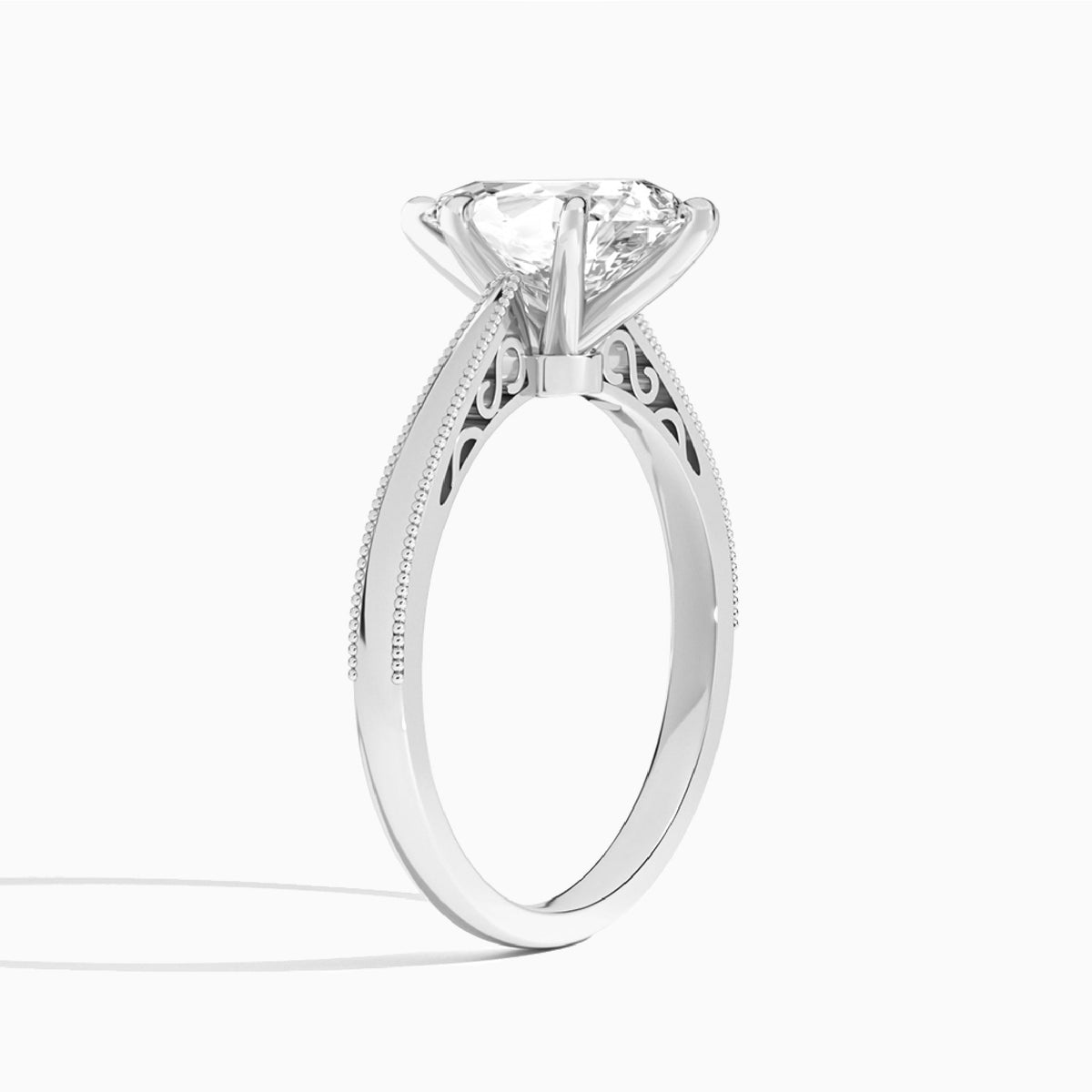 Pear Engraved Lab Grown Solitaire Diamond Engagement Ring In 14K White Gold, Angle View