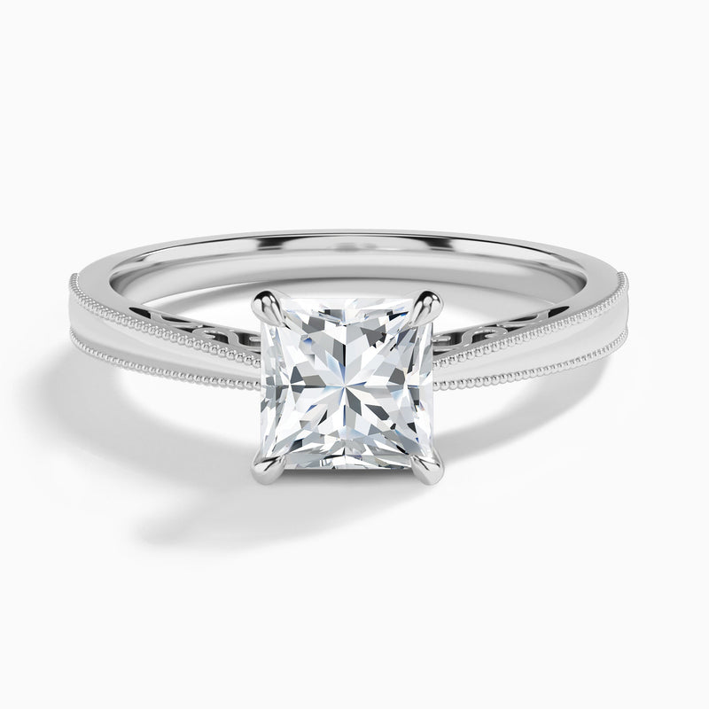 Princess Engraved Lab Grown Solitaire Diamond Engagement Ring In 14K White Gold - Lucenjuri