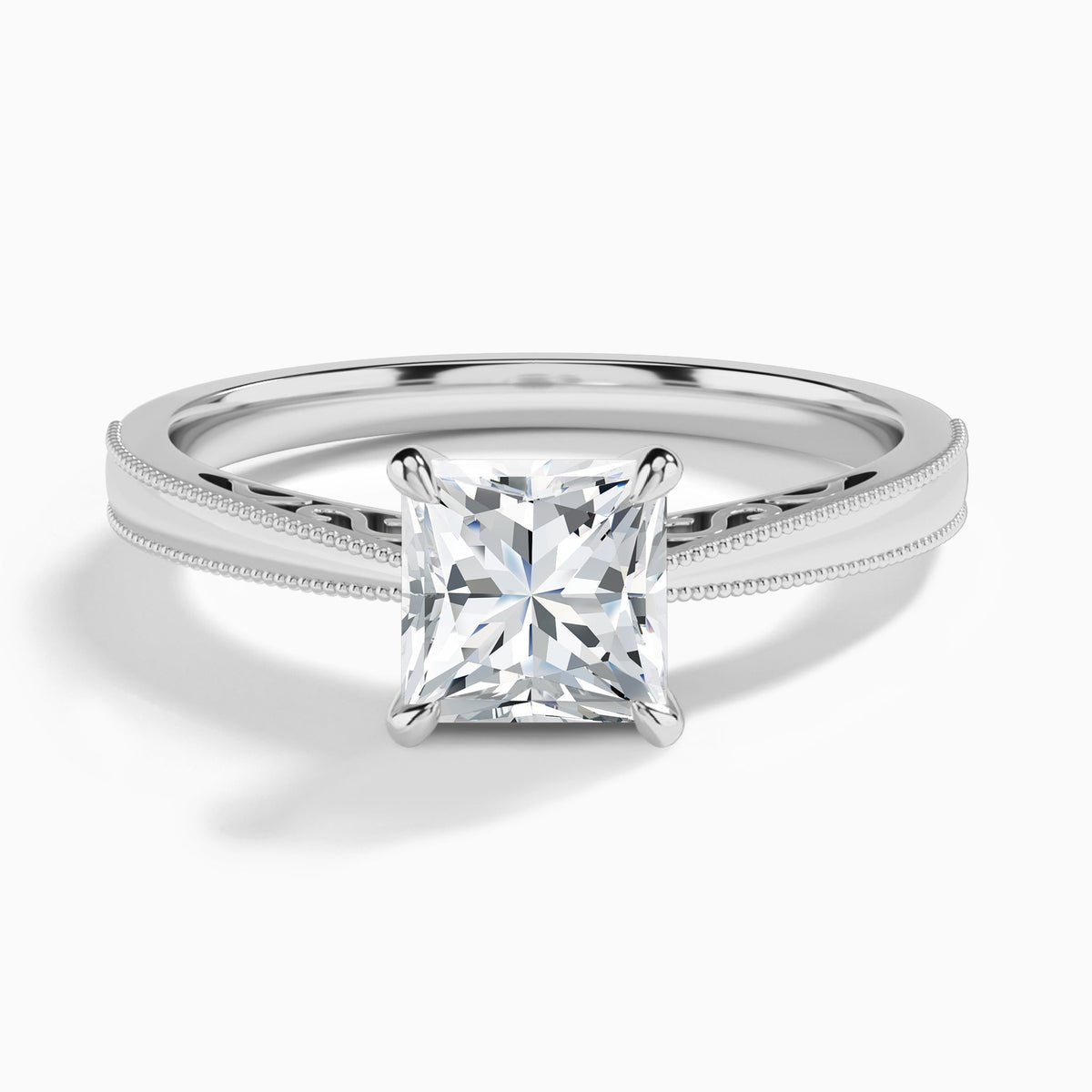 Princess Engraved Lab Grown Solitaire Diamond Engagement Ring In 14K White Gold - Lucenjuri