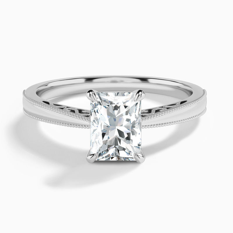 Radiant Engraved Lab Grown Solitaire Diamond Engagement Ring In 18K White Gold - Lucenjuri