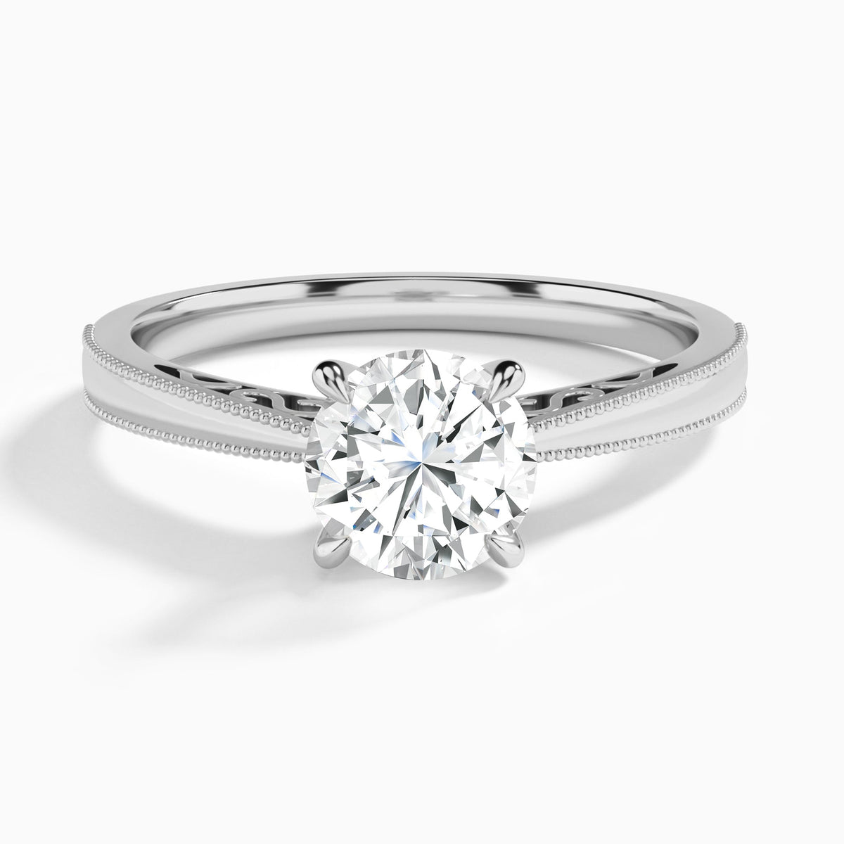 Round Engraved Lab Grown Solitaire Diamond Engagement Ring In 18K White Gold - Lucenjuri