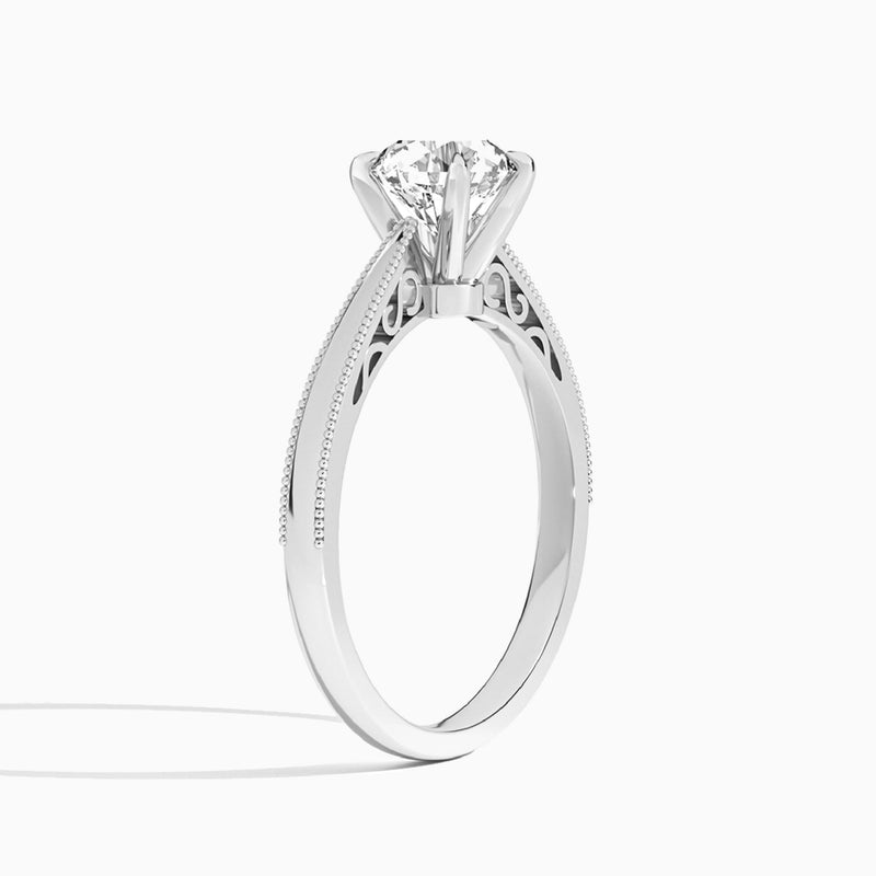 Round Engraved Lab Grown Solitaire Diamond Engagement Ring In 14K White Gold, Angle View