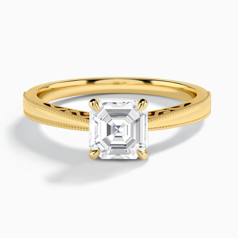 Asscher Engraved Lab Grown Solitaire Diamond Engagement Ring In 18K Yellow Gold - Lucenjuri