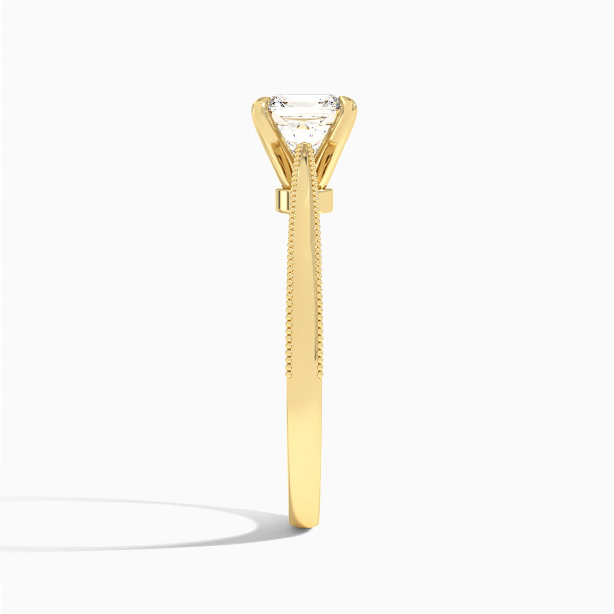 Asscher Engraved Lab Grown Solitaire Diamond Engagement Ring In 18K Yellow Gold, Side View