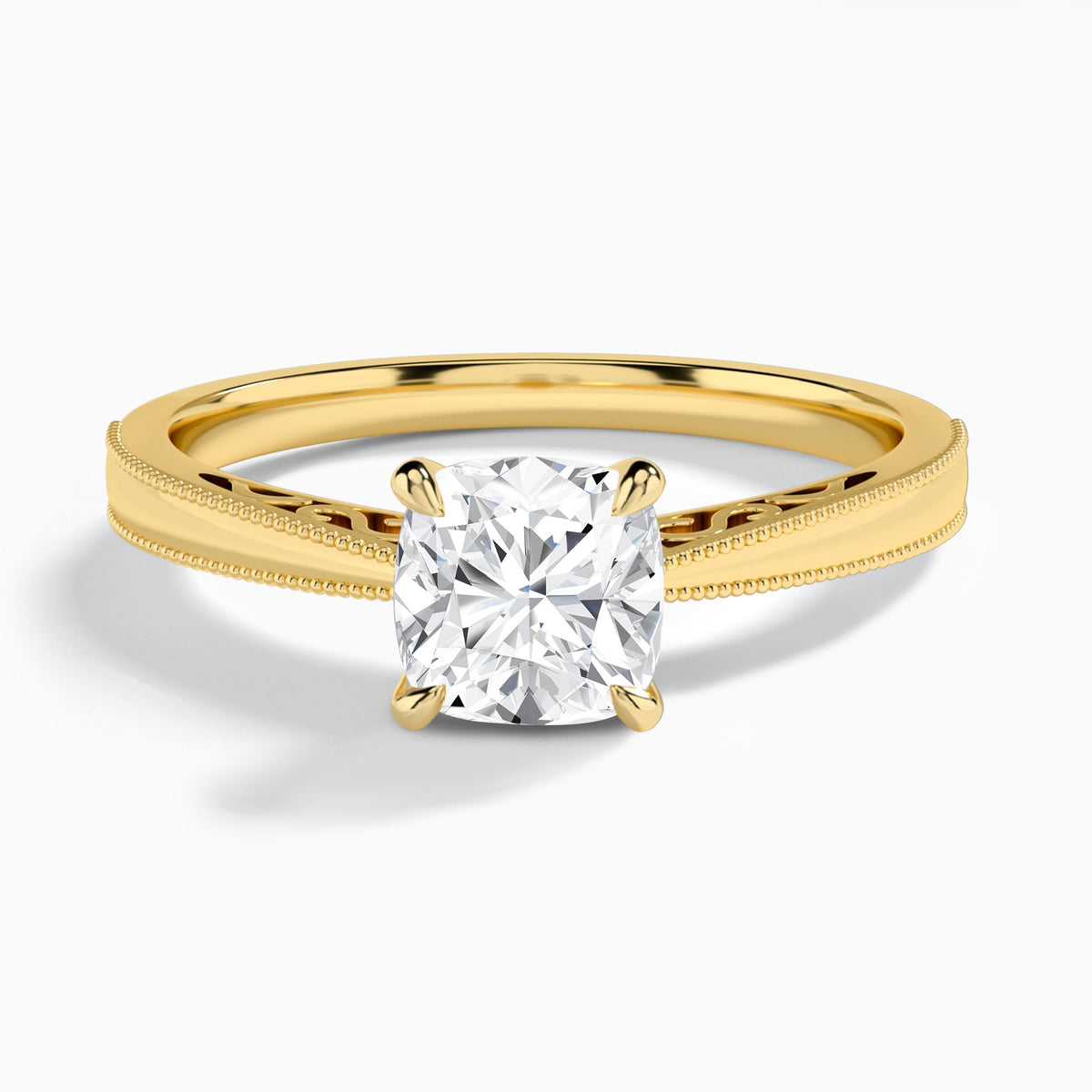 Cushion Engraved Lab Grown Solitaire Diamond Engagement Ring In 14K Yellow Gold - Lucenjuri
