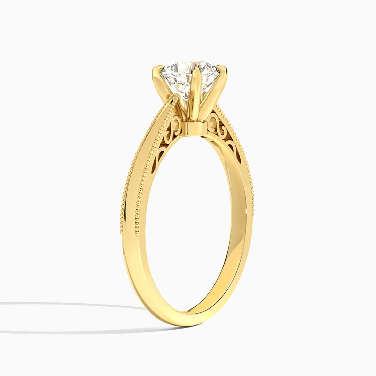 Cushion Engraved Lab Grown Solitaire Diamond Engagement Ring In 18K Yellow Gold, Angle View
