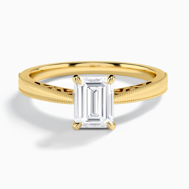 Emerald Engraved Lab Grown Solitaire Diamond Engagement Ring In 14K Yellow Gold - Lucenjuri