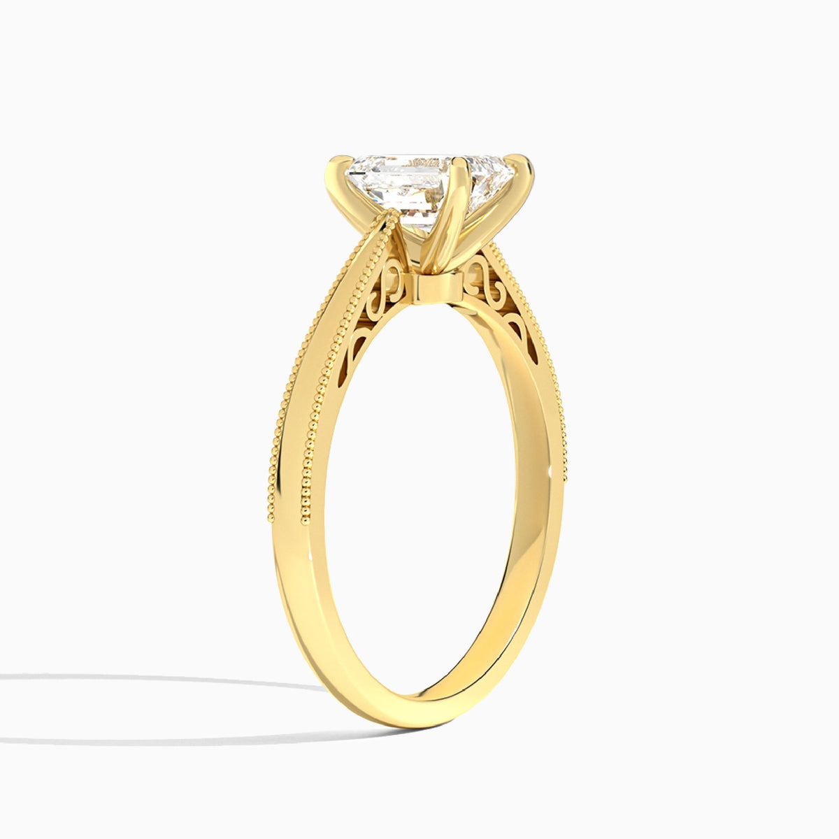 Emerald Engraved Lab Grown Solitaire Diamond Engagement Ring In 18K Yellow Gold, Angle View