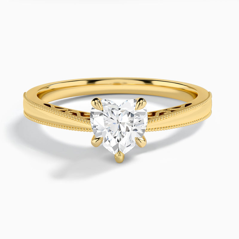 Heart Engraved Lab Grown Solitaire Diamond Engagement Ring In 14K Yellow Gold - Lucenjuri