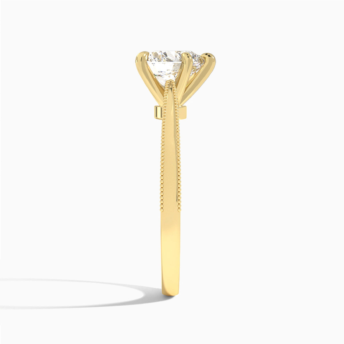 Heart Engraved Lab Grown Solitaire Diamond Engagement Ring In 14K Yellow Gold, Side View