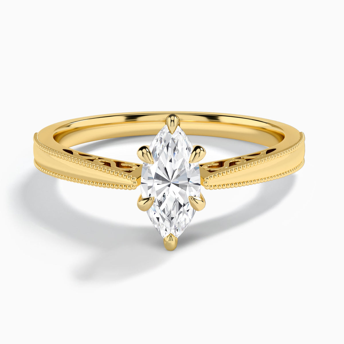 Marquise Engraved Lab Grown Solitaire Diamond Engagement Ring In 14K Yellow Gold - Lucenjuri