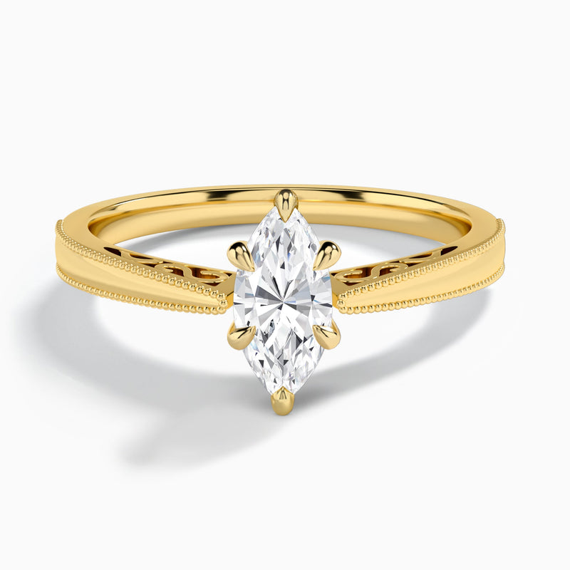 Marquise Engraved Lab Grown Solitaire Diamond Engagement Ring In 18K Yellow Gold - Lucenjuri