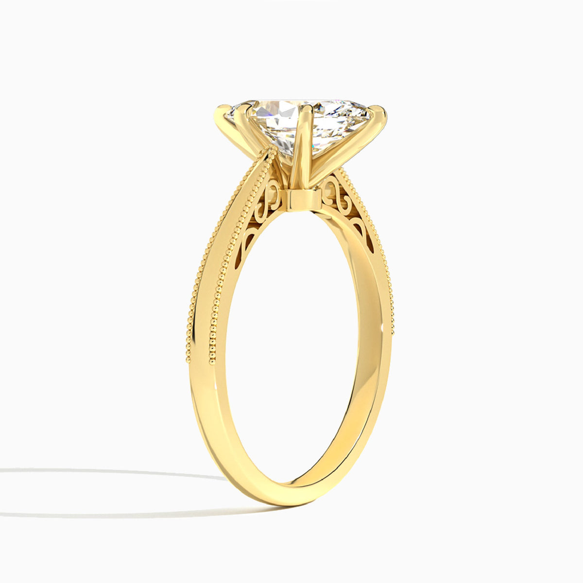 Marquise Engraved Lab Grown Solitaire Diamond Engagement Ring In 18K Yellow Gold, Angle View