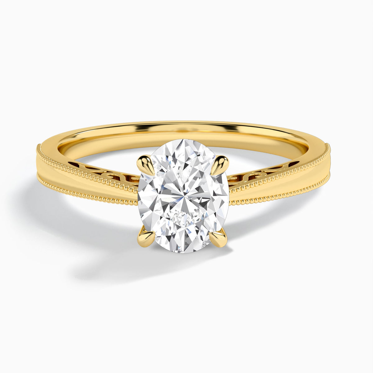 Oval Engraved Lab Grown Solitaire Diamond Engagement Ring In 14K Yellow Gold - Lucenjuri