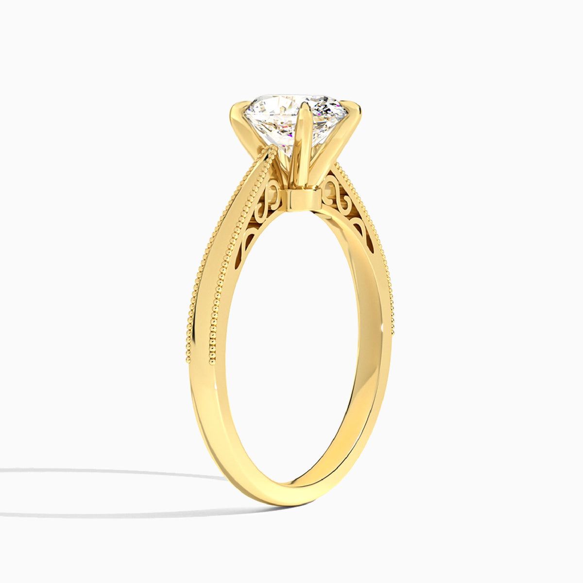 Oval Engraved Lab Grown Solitaire Diamond Engagement Ring In 18K Yellow Gold, Angle View