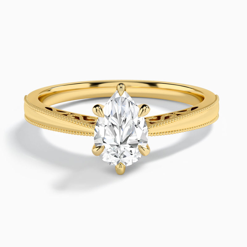 Pear Engraved Lab Grown Solitaire Diamond Engagement Ring In 14K Yellow Gold - Lucenjuri