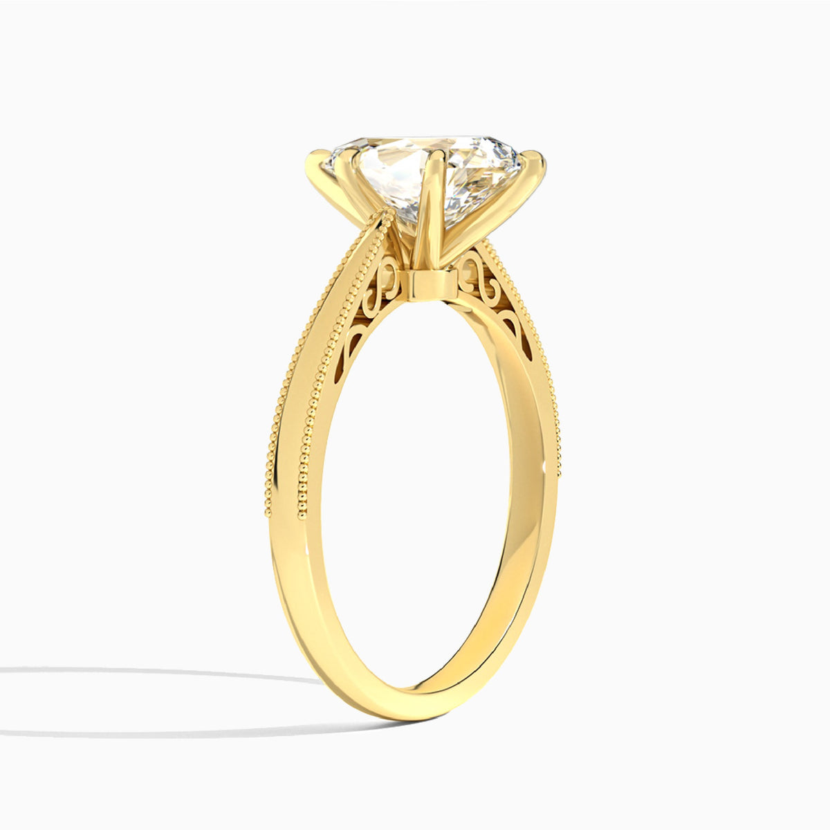 Pear Engraved Lab Grown Solitaire Diamond Engagement Ring In 18K Yellow Gold, Angle View