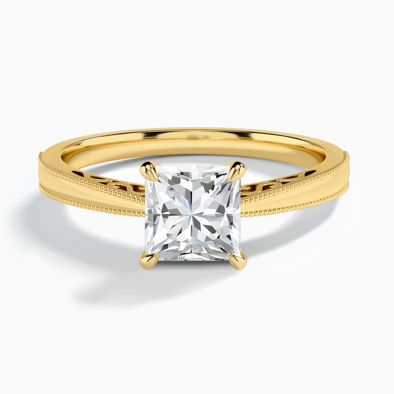 Princess Engraved Lab Grown Solitaire Diamond Engagement Ring In 14K Yellow Gold - Lucenjuri