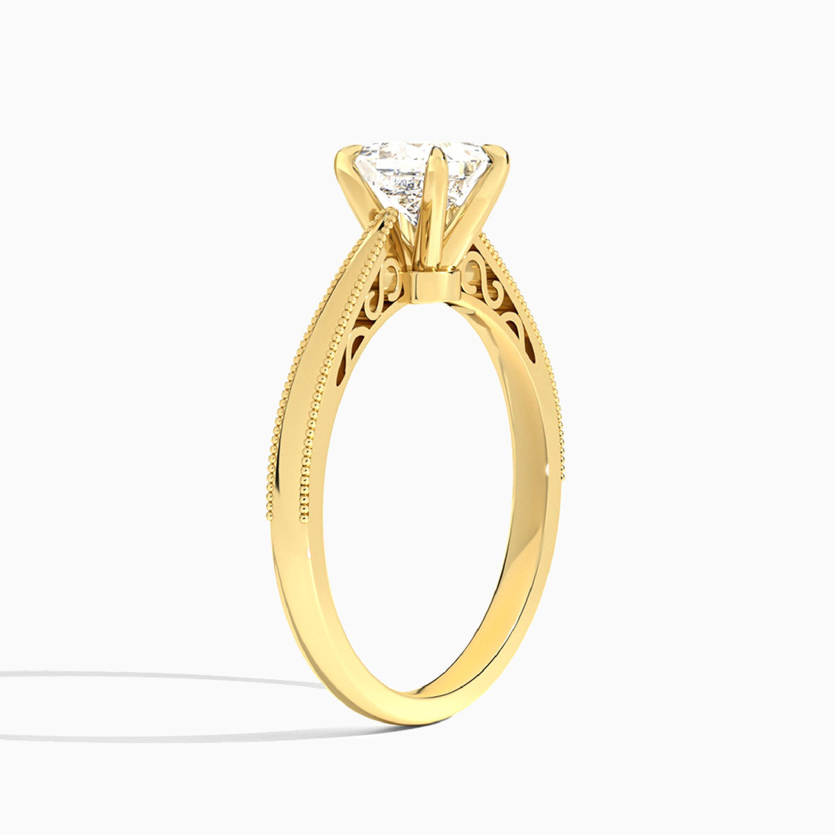 Princess Engraved Lab Grown Solitaire Diamond Engagement Ring In 14K Yellow Gold, Angle View