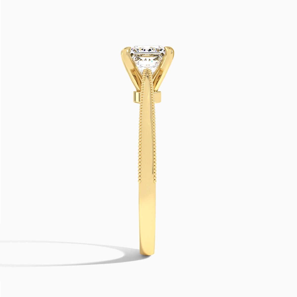 Princess Engraved Lab Grown Solitaire Diamond Engagement Ring In 18K Yellow Gold, Side View