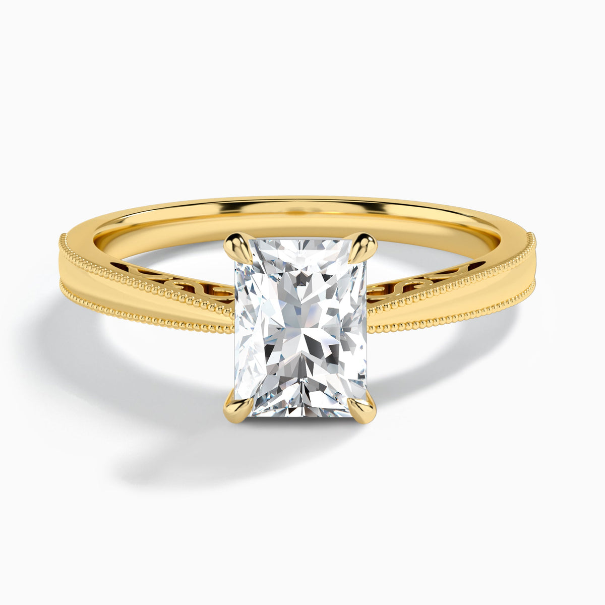 Radiant Engraved Lab Grown Solitaire Diamond Engagement Ring In 18K Yellow Gold - Lucenjuri