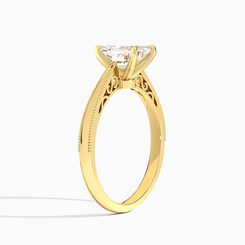 Radiant Engraved Lab Grown Solitaire Diamond Engagement Ring In 18K Yellow Gold, Angle View