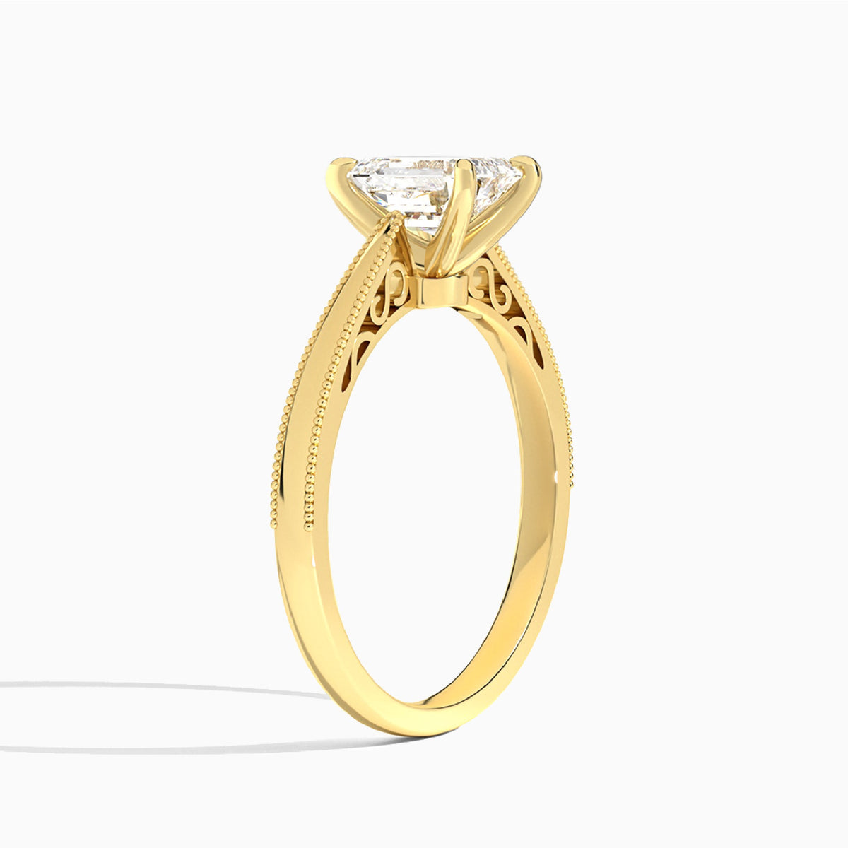Radiant Engraved Lab Grown Solitaire Diamond Engagement Ring In 14K Yellow Gold, Angle View