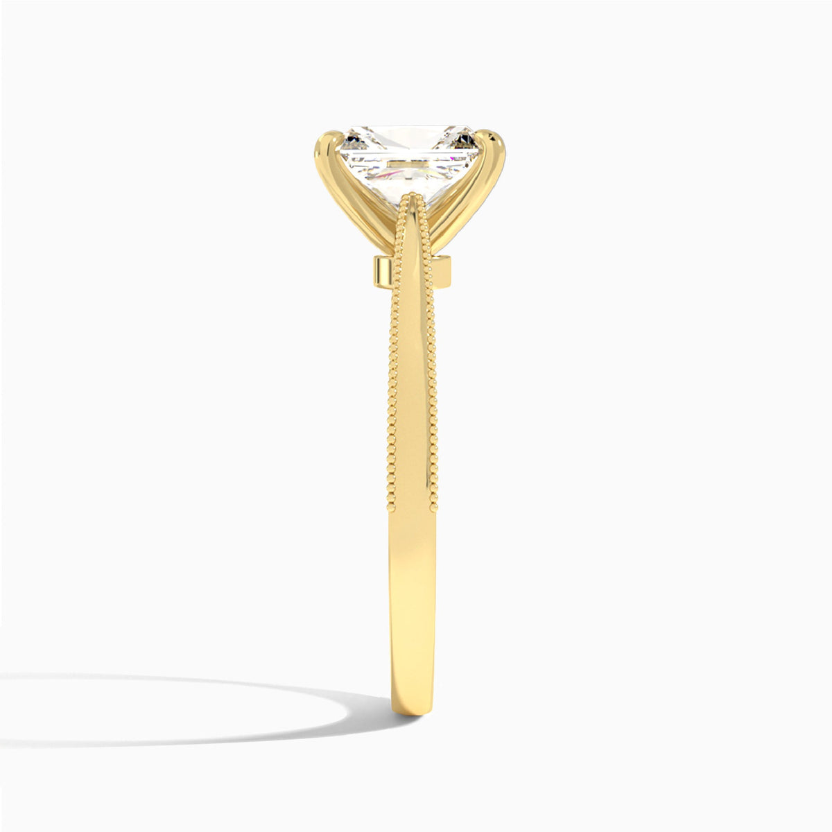 Radiant Engraved Lab Grown Solitaire Diamond Engagement Ring In 18K Yellow Gold, Side View