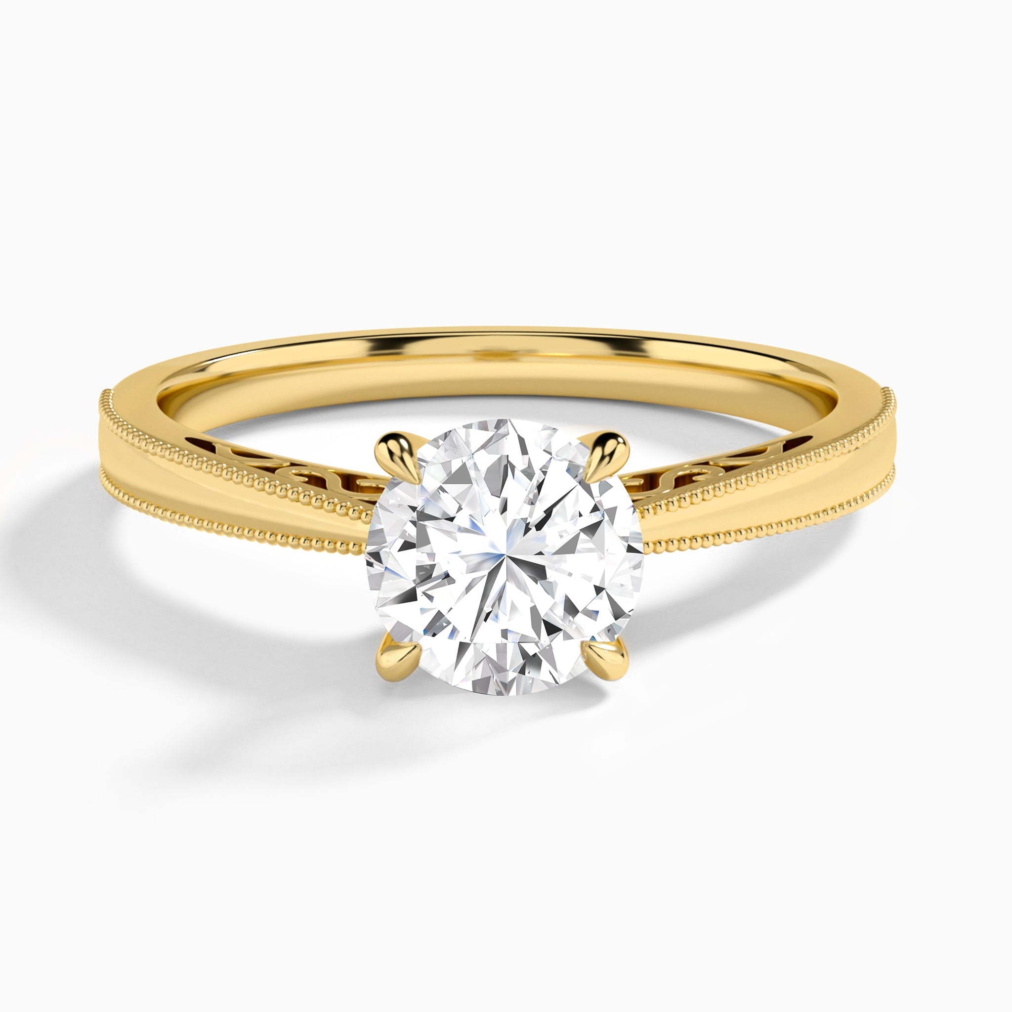 Round Engraved Lab Grown Solitaire Diamond Engagement Ring In 14K Yellow Gold - Lucenjuri
