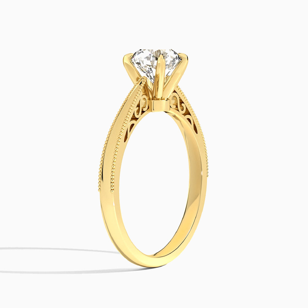 Round Engraved Lab Grown Solitaire Diamond Engagement Ring In 14K Yellow Gold, Angle View
