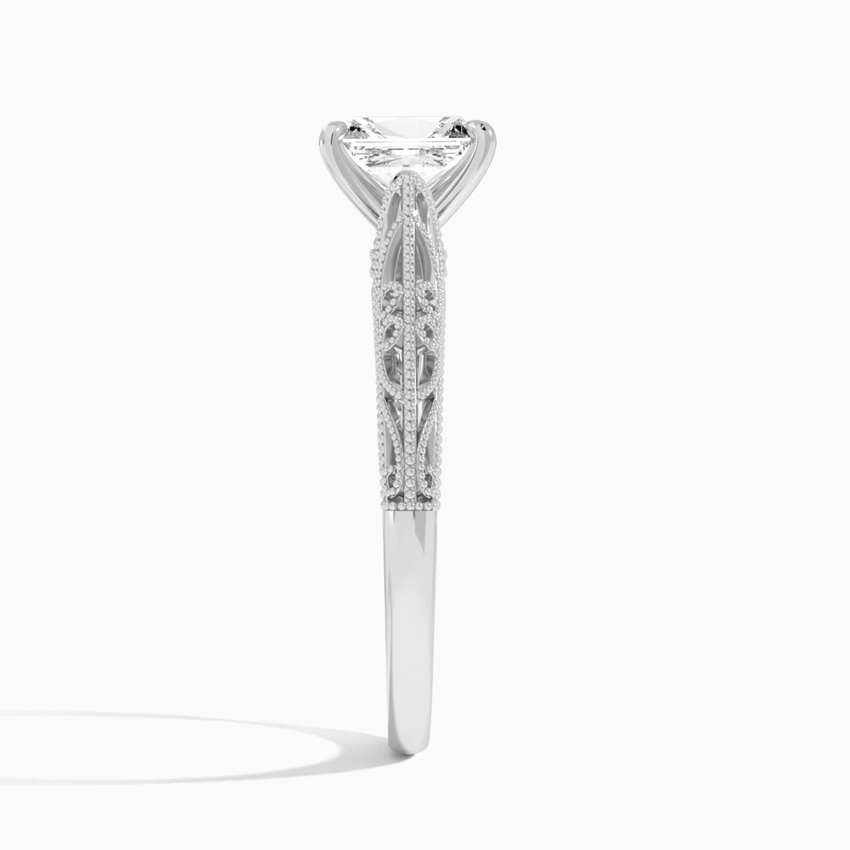 Radiant Vintage Filigree Lab Grown Diamond Engagement Ring In Platinum, Side View