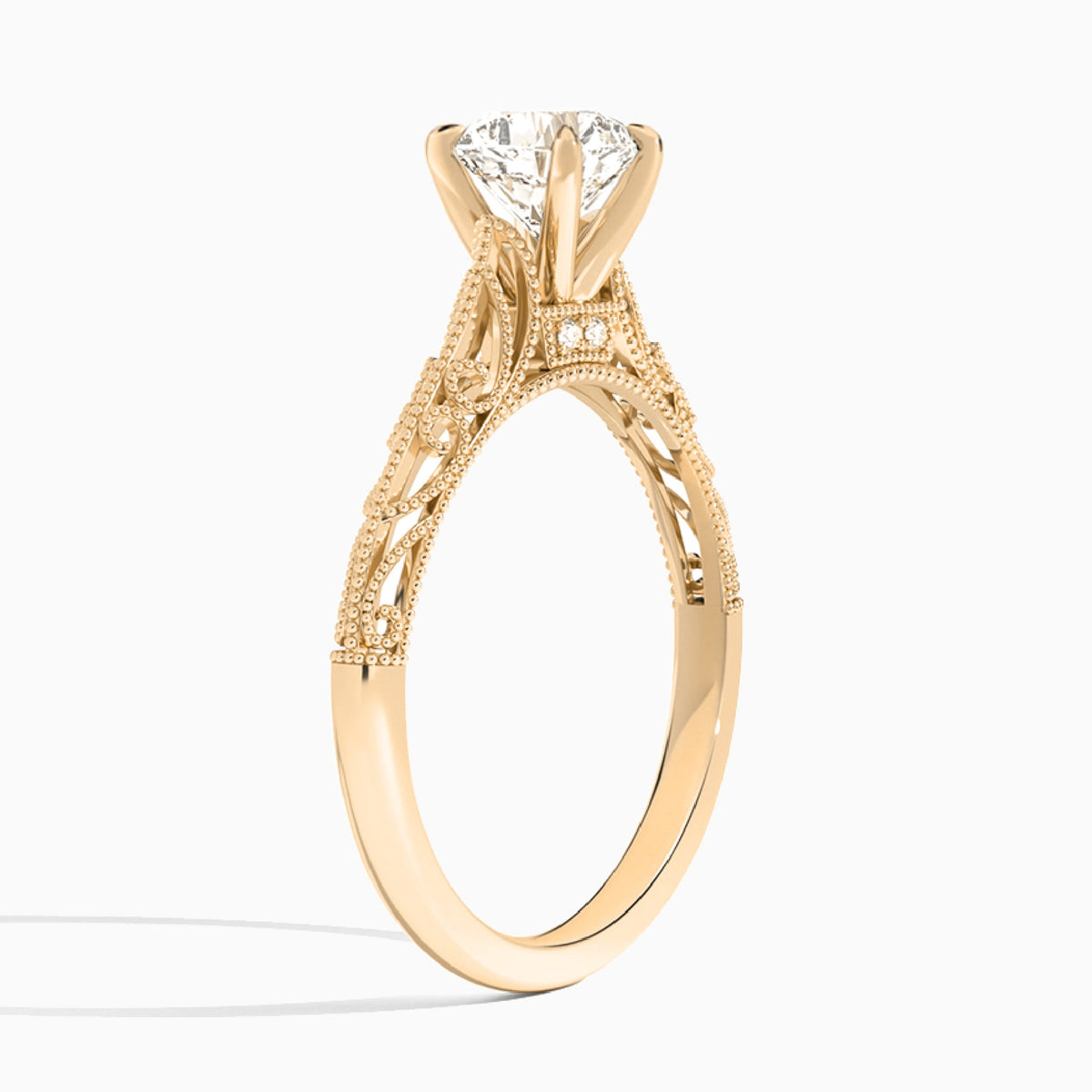 Cushion Vintage Filigree Lab Grown Diamond Engagement Ring In 14K Rose Gold, Angle View