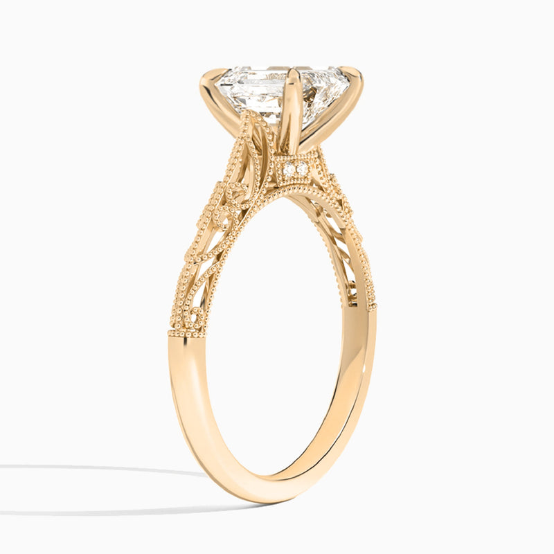 Emerald Vintage Filigree Lab Grown Diamond Engagement Ring In 14K Rose Gold, Angle View