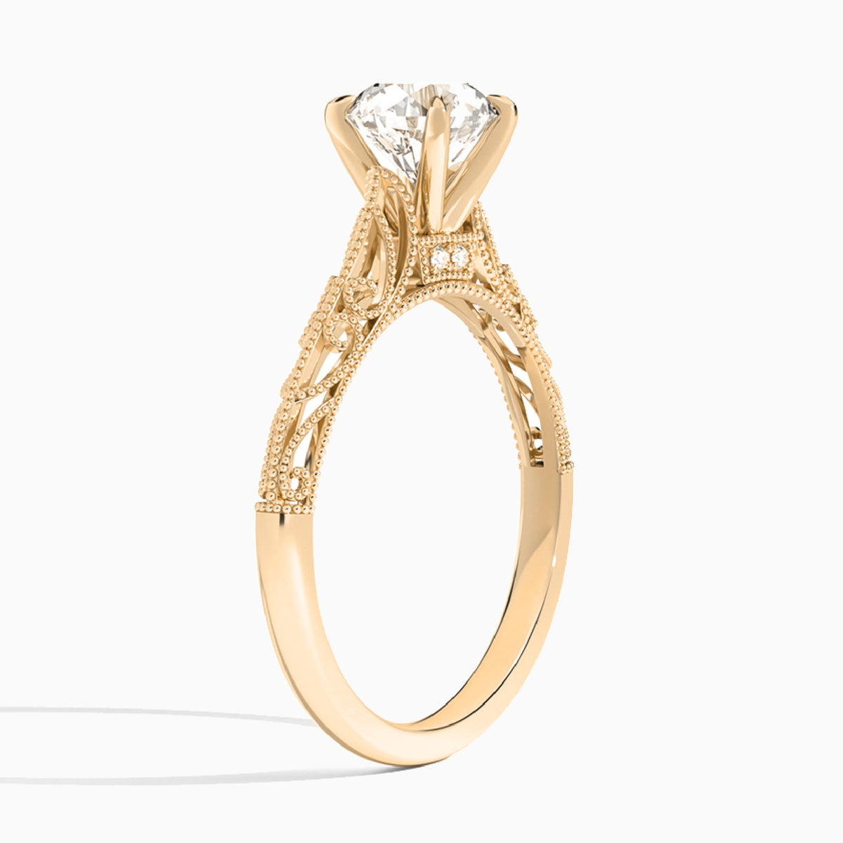 Round Vintage Filigree Lab Grown Diamond Engagement Ring In 14K Rose Gold, Angle View