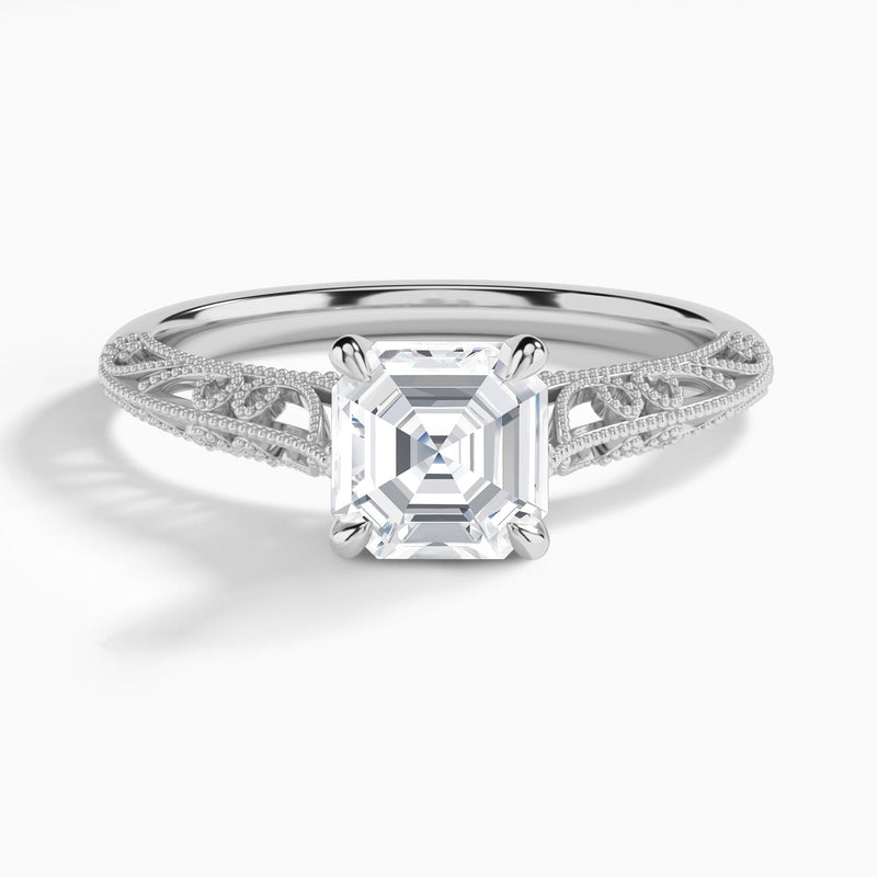 Asscher Vintage Filigree Lab Grown Diamond Engagement Ring In 14K White Gold - Lucenjuri