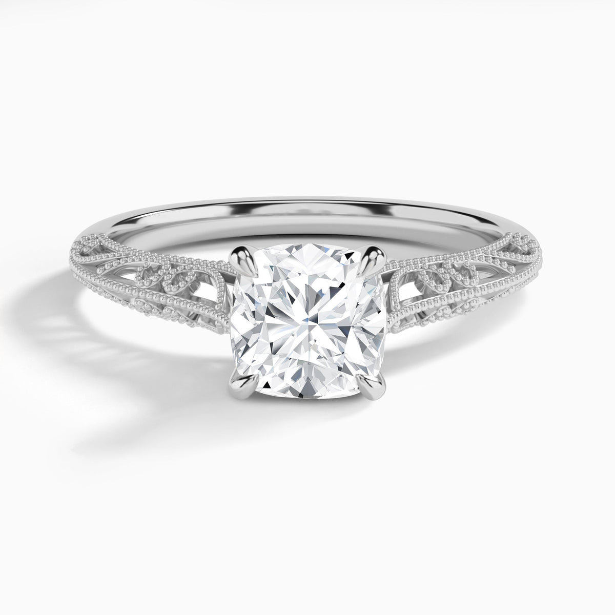 Cushion Vintage Filigree Lab Grown Diamond Engagement Ring In 18K White Gold - Lucenjuri