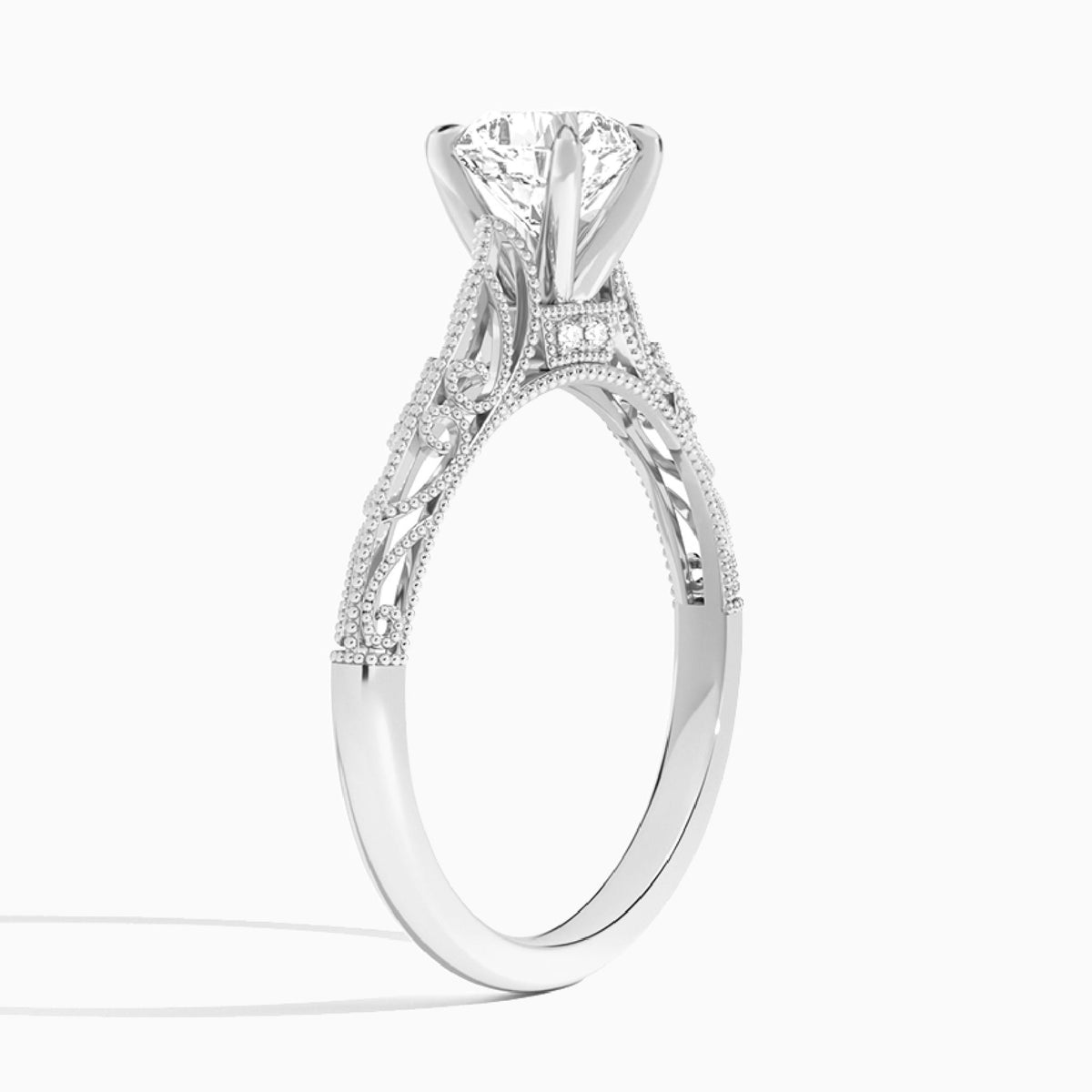 Cushion Vintage Filigree Lab Grown Diamond Engagement Ring In 14K White Gold, Angle View