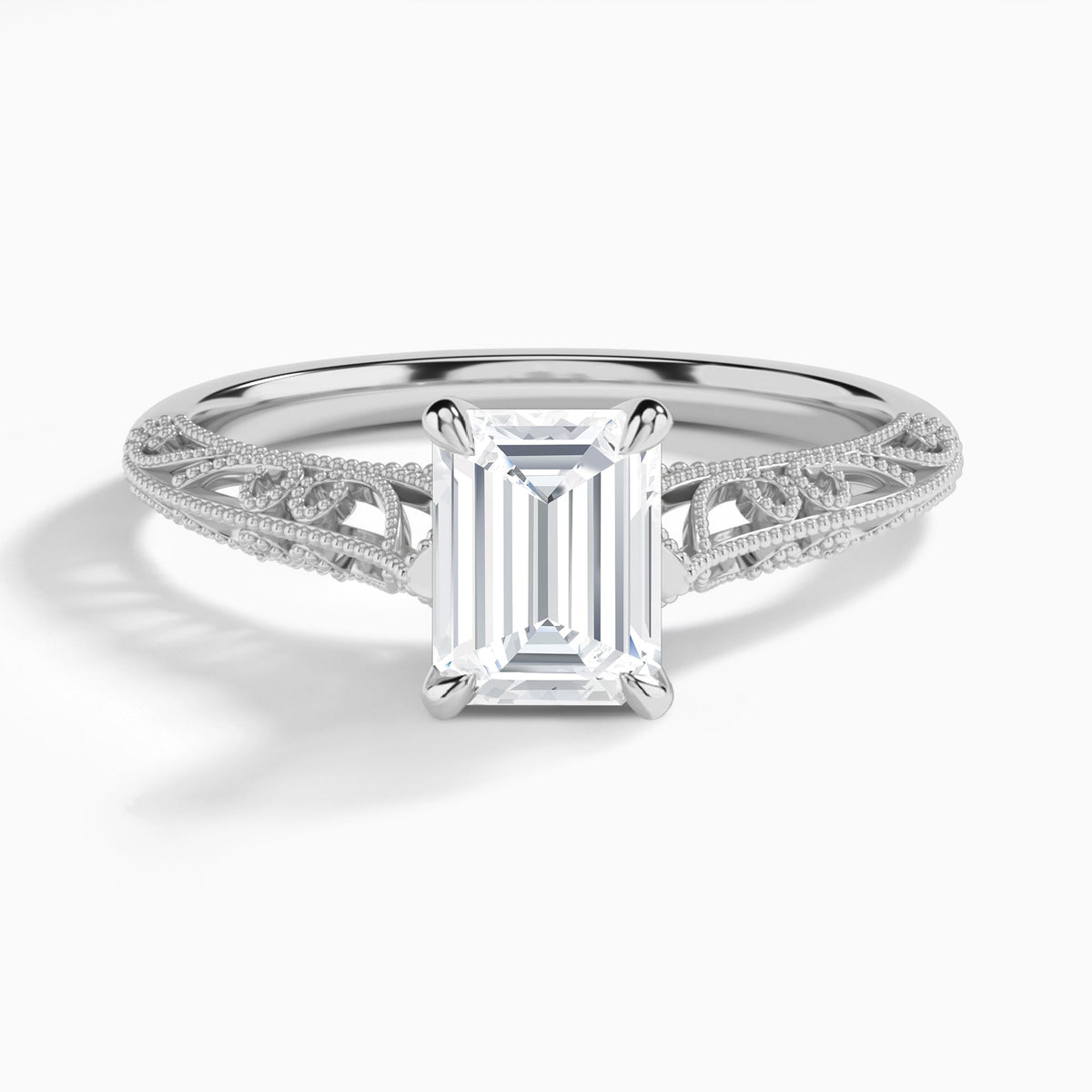 Emerald Vintage Filigree Lab Grown Diamond Engagement Ring In 14K White Gold - Lucenjuri