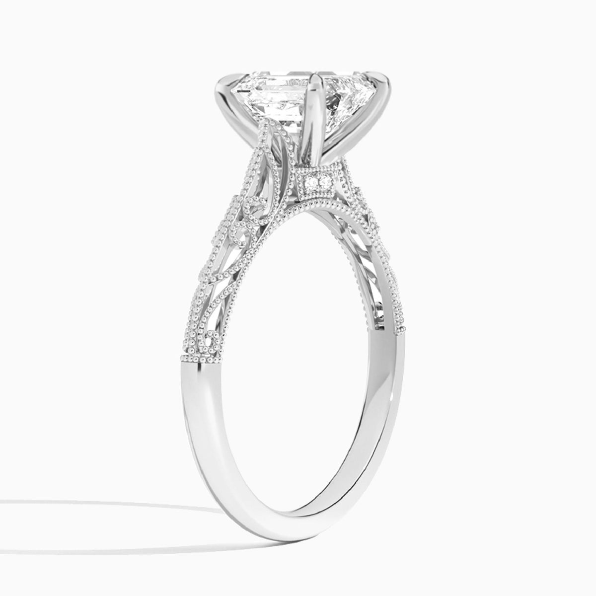 Emerald Vintage Filigree Lab Grown Diamond Engagement Ring In 18K White Gold, Angle View