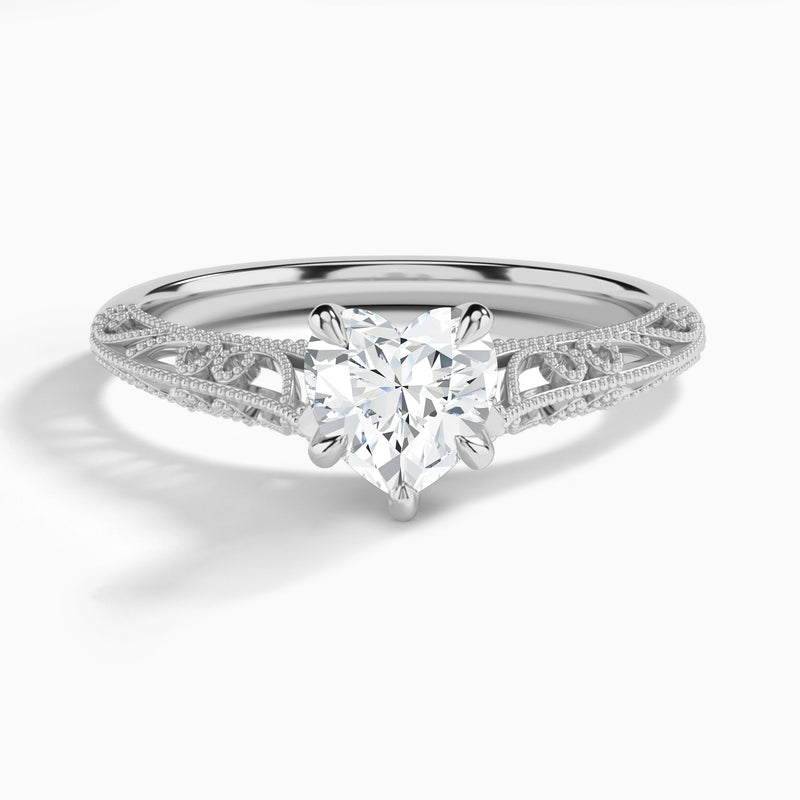 Heart Vintage Filigree Lab Grown Diamond Engagement Ring In 18K White Gold - Lucenjuri
