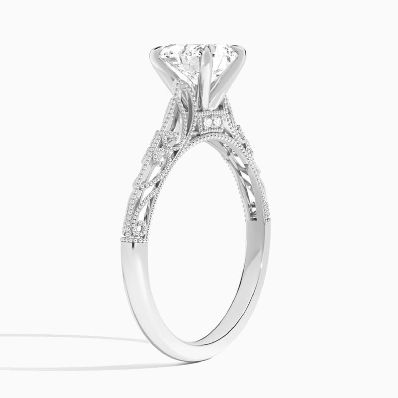 Heart Vintage Filigree Lab Grown Diamond Engagement Ring In 18K White Gold, Angle View