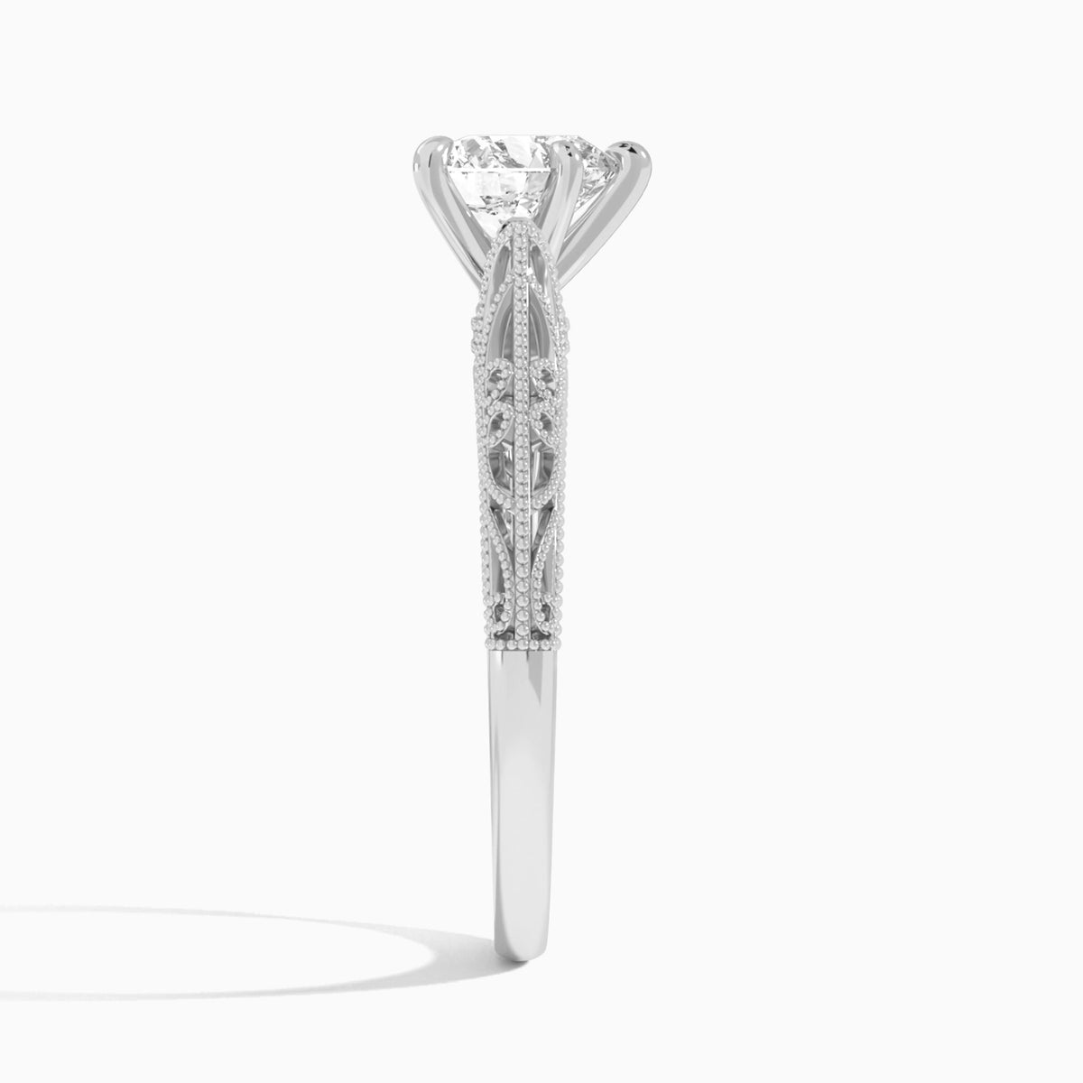 Heart Vintage Filigree Lab Grown Diamond Engagement Ring In 14K White Gold, Side View