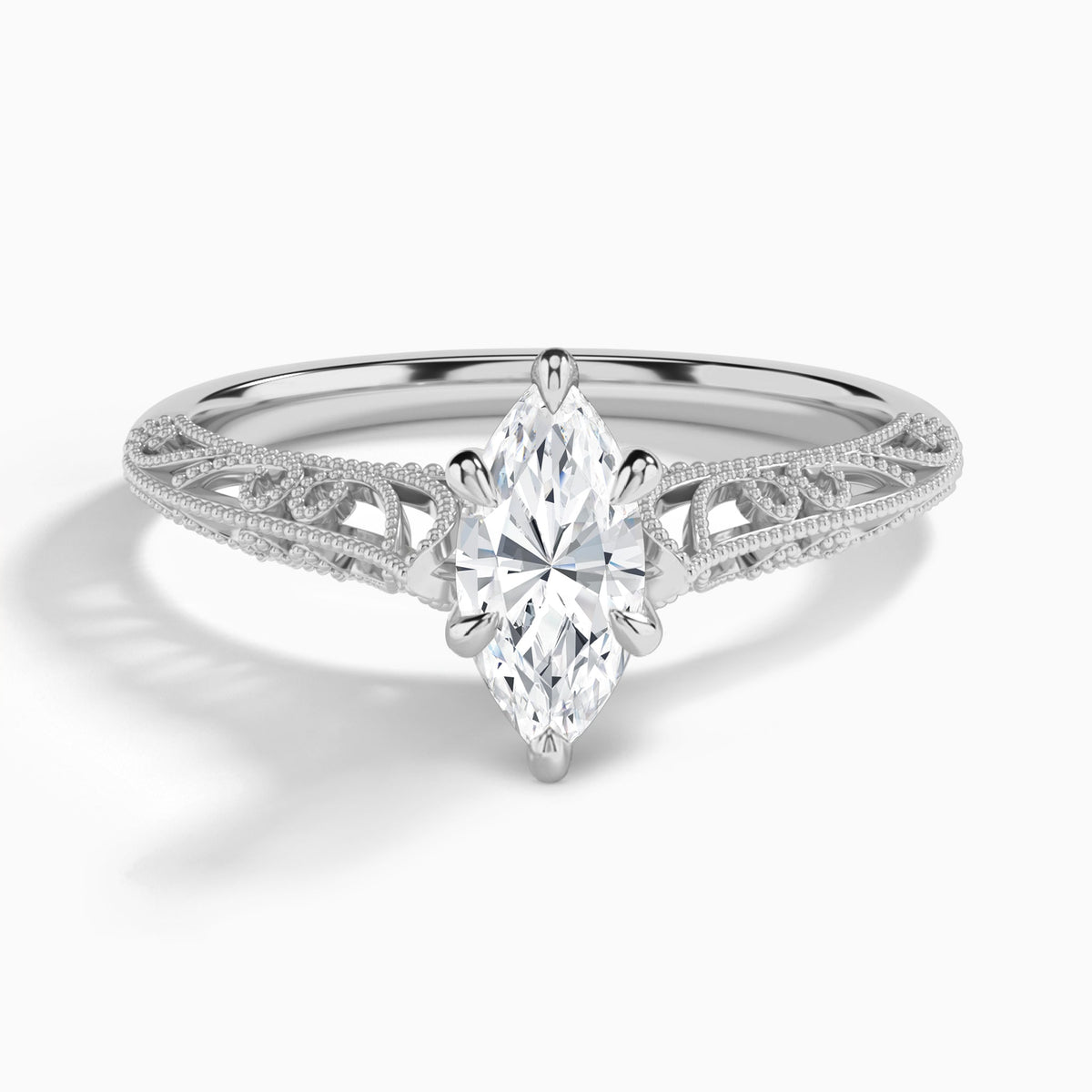 Marquise Vintage Filigree Lab Grown Diamond Engagement Ring In 14K White Gold - Lucenjuri