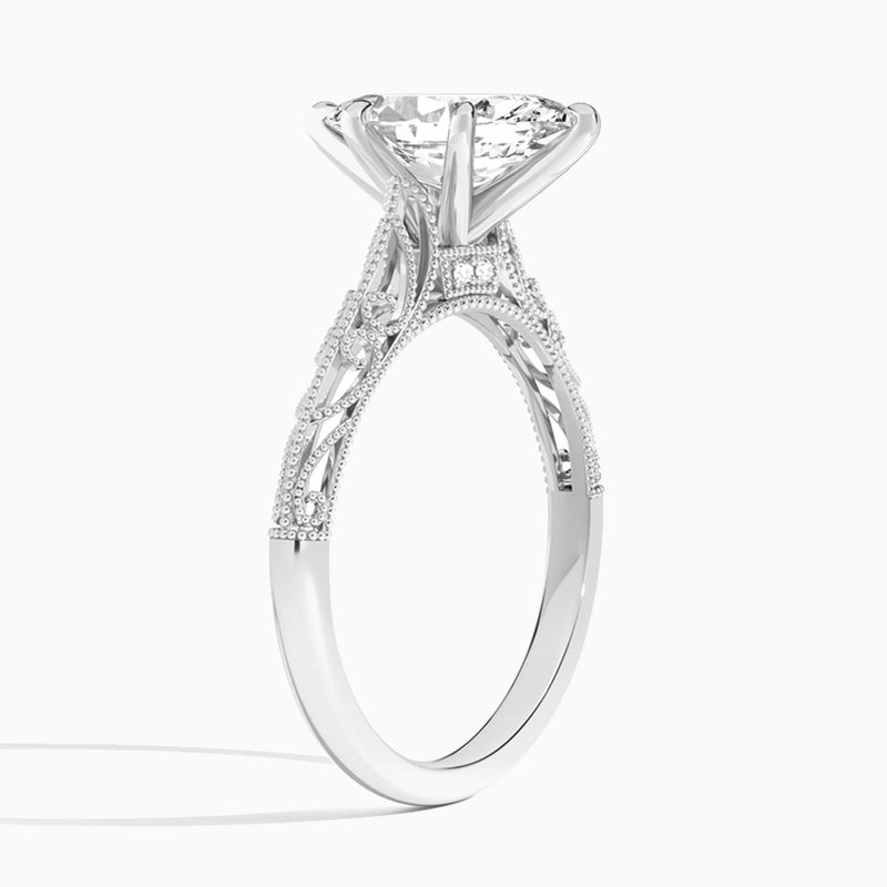 Marquise Vintage Filigree Lab Grown Diamond Engagement Ring In 18K White Gold, Angle View